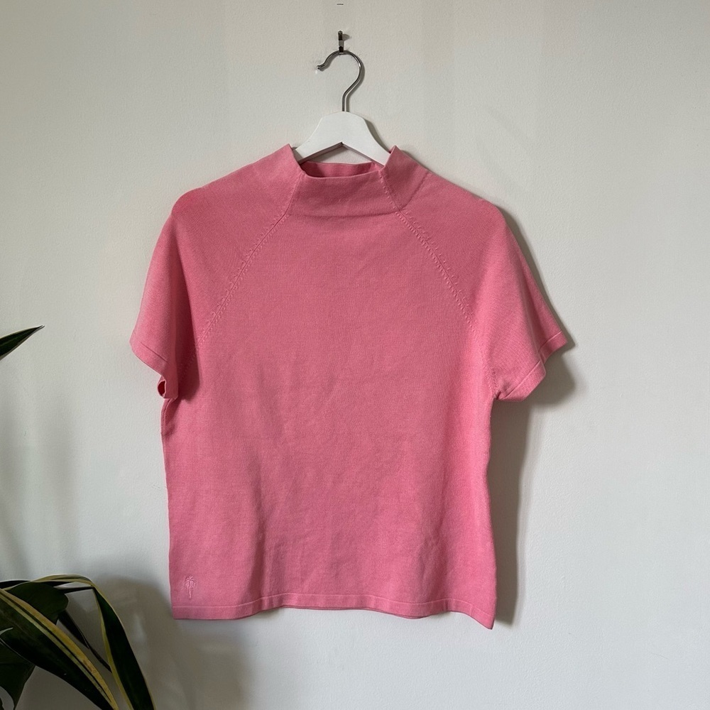 Vintage Lilly Pulitzer Mock Neck Silk Blend Short Sleeve Top In Pink
